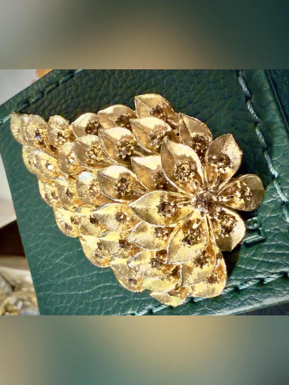 Vintage 1960s Gold Tone Cascading Leaf Rhinestone Brooch Pin Amber Topaz  2.5"